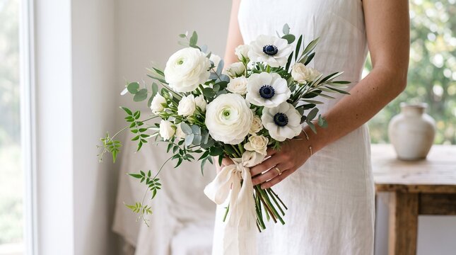 Bride holding a white wedding bouquet with ranunculus and anemones