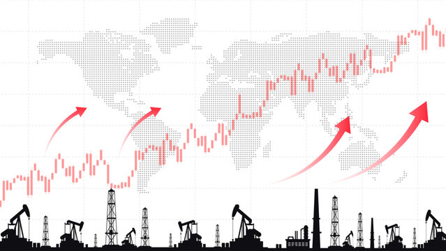 Global oil price surge graph with rising arrows and silhouetted pumpjacks evoking market optimism