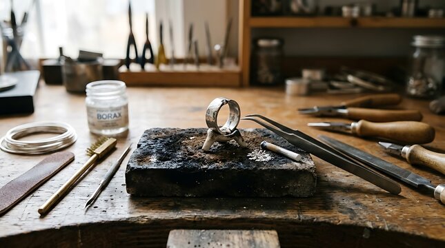 Silver ring on a workbench with professional jewelry making tools