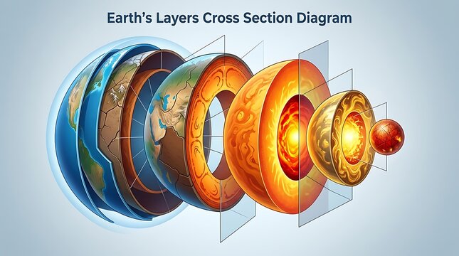 Detailed cross section diagram of earth layers from crust to core