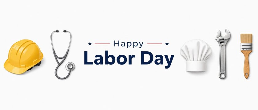 Happy Labor Day text banner. Website header background design with realistic 3D profession tools: builder hardhat, doctor stethoscope, chef hat, mechanic wrench and paintbrush isolated on white backdr