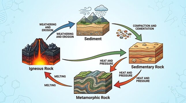 Educational diagram illustrating the geological rock cycle process