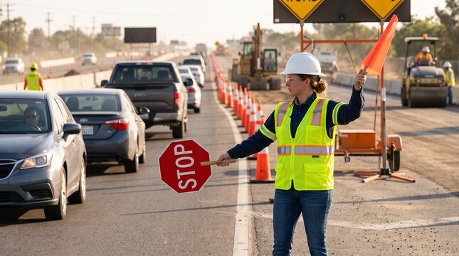 Road construction zone with worker in hard hat holding stop sign and orange flag, vehicles lined up, barrels and excavator in background, symbolizing traffic control and safety measures.