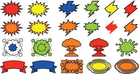 Comic Cartoon Special Effect Vector Collection with Explosion Bursts, Lightning Bolts, Smoke Clouds, Toxic Splashes, Ribbons, and Action Labels © MstSuborna
