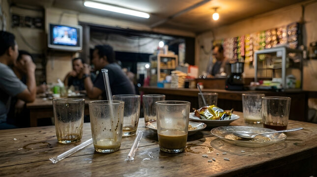 Several empty and half-filled coffee glasses sit on a messy wooden table inside a traditional Indonesian coffee shop at night.