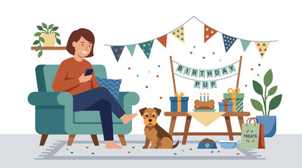 Naklejka premium Woman celebrating dog birthday at home with cake and gifts