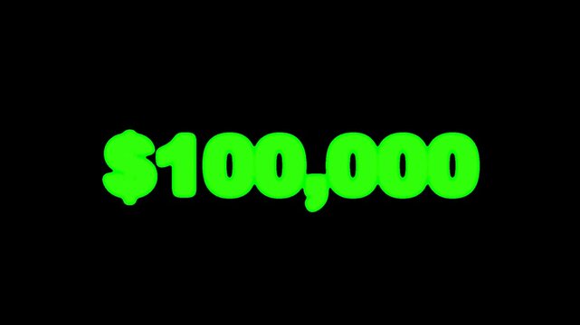 Animated green dollar counter increasing from zero to one hundred thousand with smooth motion and a transparent background.