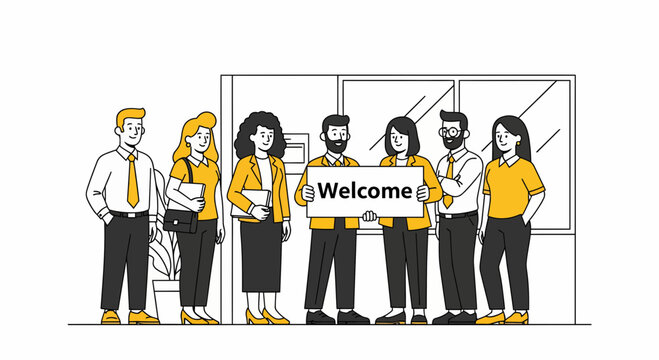 New team members greet coworkers with welcome sign at office for hiring and onboarding job start today