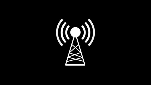 White wireless signal tower icon with expanding radio waves on black background seamless technology animation