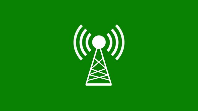 White wireless signal tower icon with expanding radio waves on green background seamless technology animation
