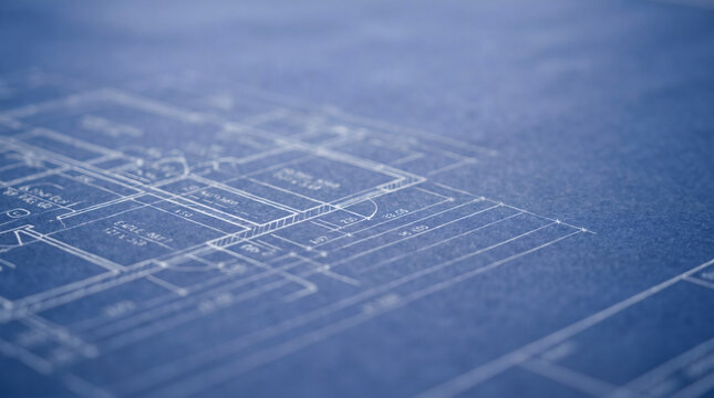 Architectural blueprint floor plan on blue paper