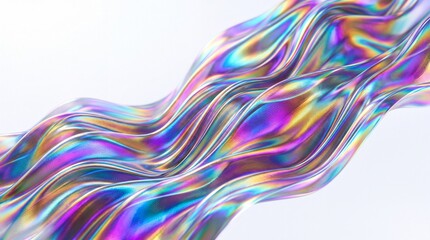 Obraz premium Iridescent liquid metal waves on white background, holographic chrome flowing texture, abstract 3d render of colorful metallic ripples