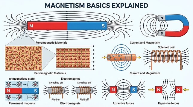 Educational infographic explaining magnetism principles and forces