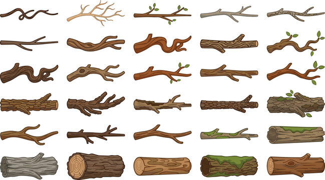 Rustic Wooden Log and Tree Branch Vector Collection with Bare Twigs, Forest Timber Pieces, Mossy Wood, Natural Trunks, and Woodland Nature Clipart Set