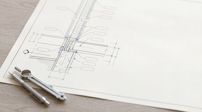 Architectural blueprint with wall section detail and drafting tools