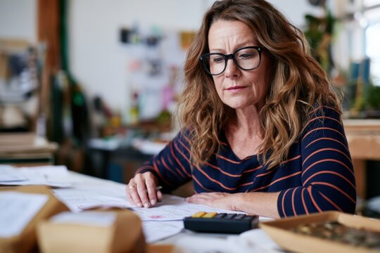 Small business owner analyzing finances at organized workshop desk