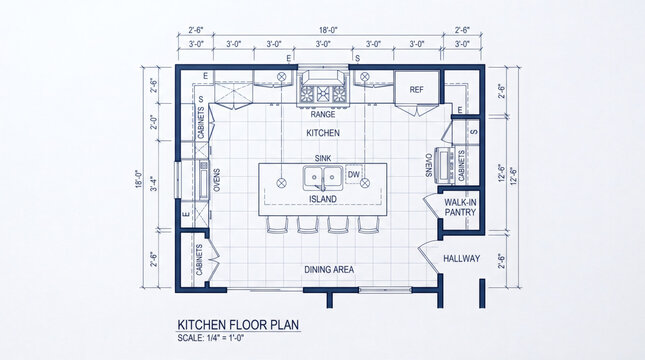 Modern kitchen floor plan layout with island and pantry details