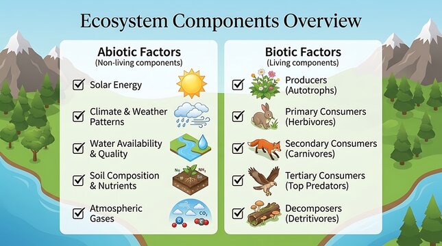 Ecosystem components overview showing abiotic and biotic factors