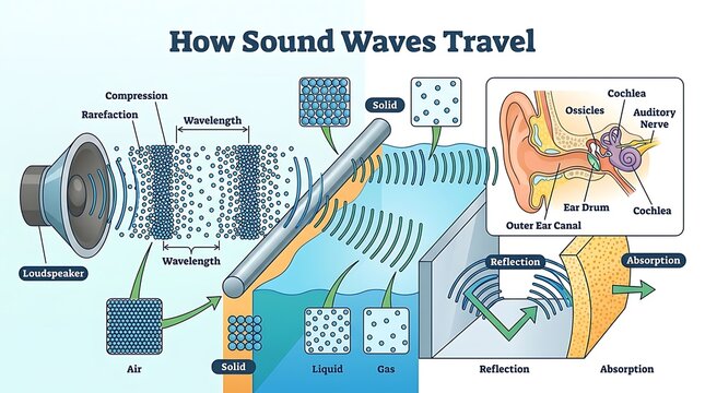 Educational diagram showing how sound waves travel through matter