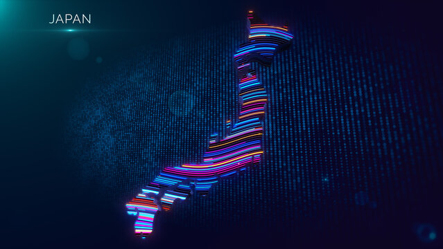 Modern digital illustration of Japan with colorful glowing wavy lines, 3D extruded map shape, particle grid background, and Japan text label for technology themed projects.