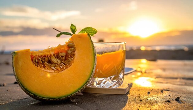 Refreshing Melon Slice and Juice on Beach at Sunset