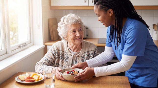 Caregiver serving a nutritious breakfast bowl to a happy senior woman in her home, promoting health and independent living
