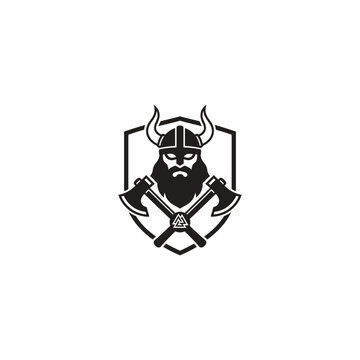 Viking warrior helmet crossed axes shield emblem logo vector illustration isolated on white background