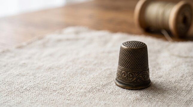 Antique brass thimble resting on textured fabric background in a sewing setting