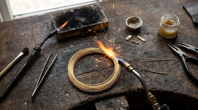 Goldsmith using a blowtorch to solder a golden wire coil