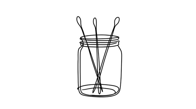 Minimal outline illustration of cotton swabs in a jar. Simple line art of hygiene tools.