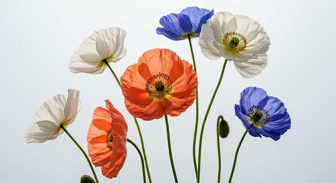 Vibrant poppies in various colors against a bright background