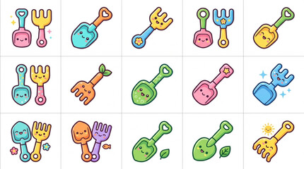 Colorful cartoon shovels and forks for gardening fun. © an