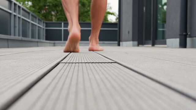 Person walking barefoot on composite terrace