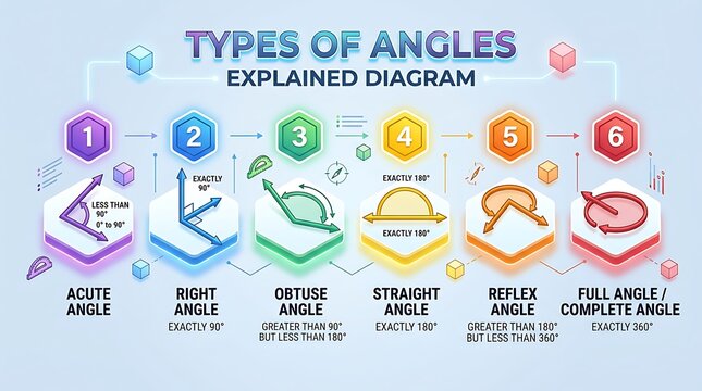 Colorful infographic explaining six different types of geometric angles