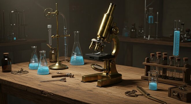 Vintage laboratory scene with microscope and chemical equipment on wooden table