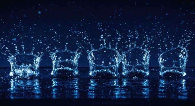 Water drops creating crown shapes against a dark blue background