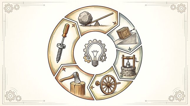 Simple machines diagram with lightbulb and mechanical gears concept