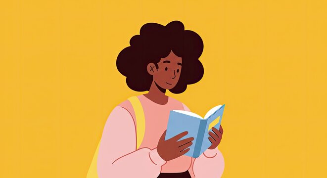 Woman reads a book against yellow background digital illustration