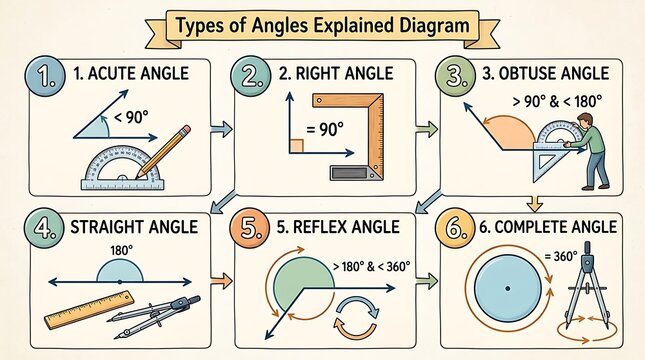 Types of geometry angles explained in an educational diagram