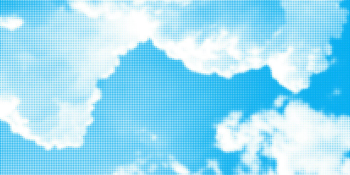 Abstract blue sky background with white clouds rendered in a halftone dots pattern. Modern retro comic style sky backdrop with pixelated raster texture for creative pop art designs.