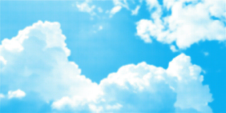 Abstract blue sky background with white clouds rendered in a halftone dots pattern. Modern retro comic style sky backdrop with pixelated raster texture for creative pop art designs.
