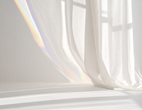 Bright room interior background with white curtain, rainbow prism light, and shadow with copy space