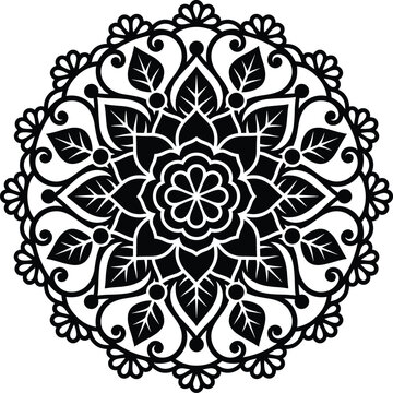 Bold black and white botanical floral mandala vector illustration for stencil and tattoo design