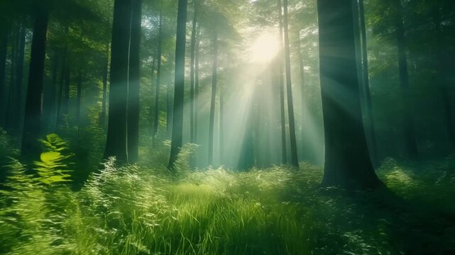 Cinematic lush forest landscape with morning sunlight rays filtering through green trees in 4k