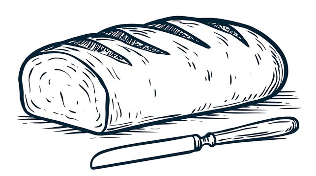 Rustic artisan bread loaf illustration. Hand drawn sketch of fresh bakery food with knife.