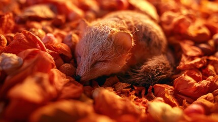 Fototapeta premium A small fox sleeps in a pile of leaves with warm colors. The setting shows a cozy scene of nature in a shallow focus display.