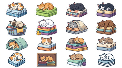 Collection of Sleeping Cats on Colorful Blankets. © Bah