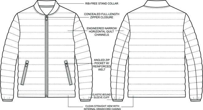 Vector Technical Flat Sketch of Men's Quilted Puffer Jacket for Fashion Design and Apparel Manufacturing Tech Packs