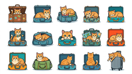 Collection of cartoon cats in various suitcases and boxes. © Bah