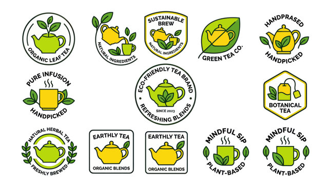 Organic green tea brand logos and natural beverage labels.